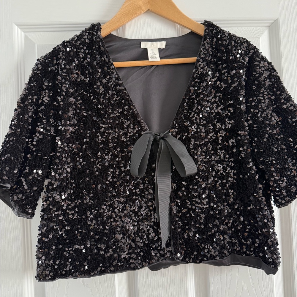 H&M Black Sequin Short Sleeve Jacket with Bow Tie